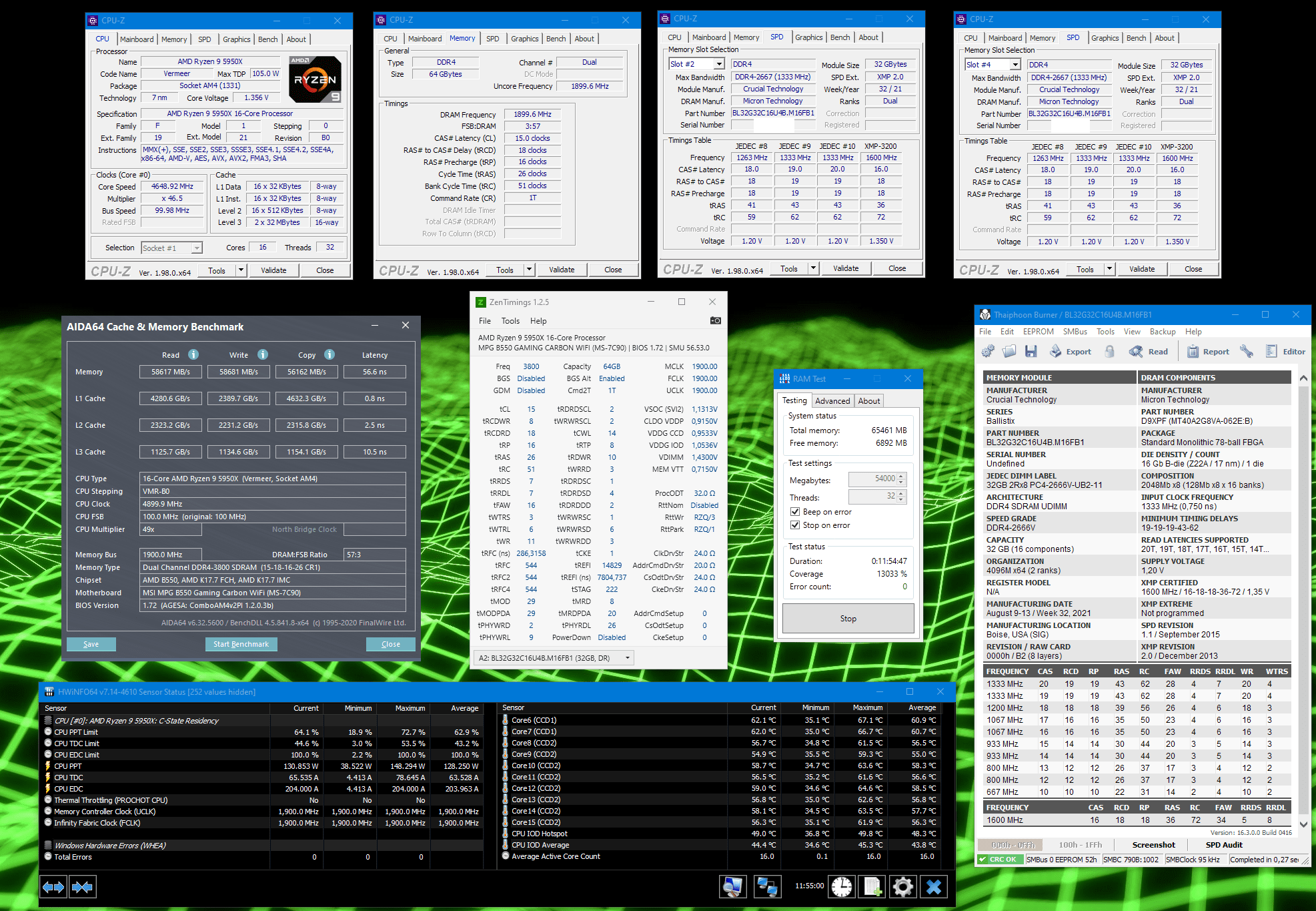 Crucial 2x32GB-BLK2K32G32C 56.6 NS + ZenTimings + Karhu 13033 + Thaiphoon + CPU-Z Stable zensi...png